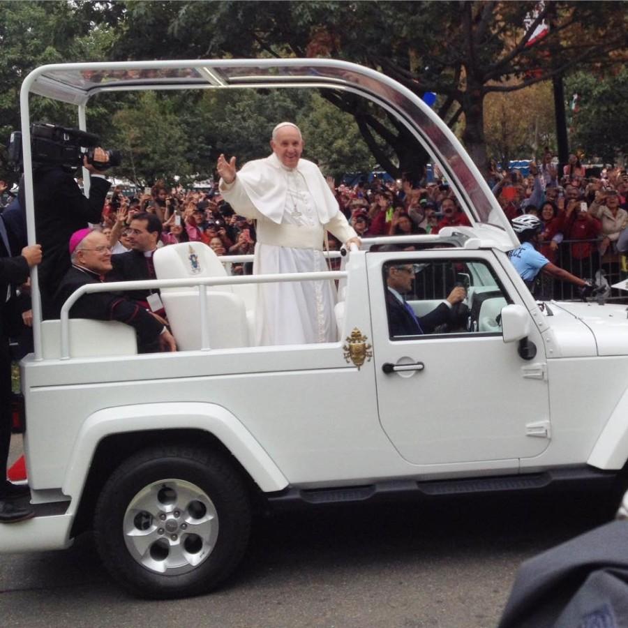 A total of 51 Mercyhurst students and five adult members of the Mercyhurst community successfully traveled to Philadelphia on Saturday, Sept. 26 to attend mass with Pope Francis at the World Meeting of Families on Sunday, Sept. 27. The pope made rounds through the streets of Philadelphia on his popemobile prior to mass to greet the volumes of eager attendees.  Watch for more coverage about this historic pilgrimage in next weeks issue of the Merciad! 