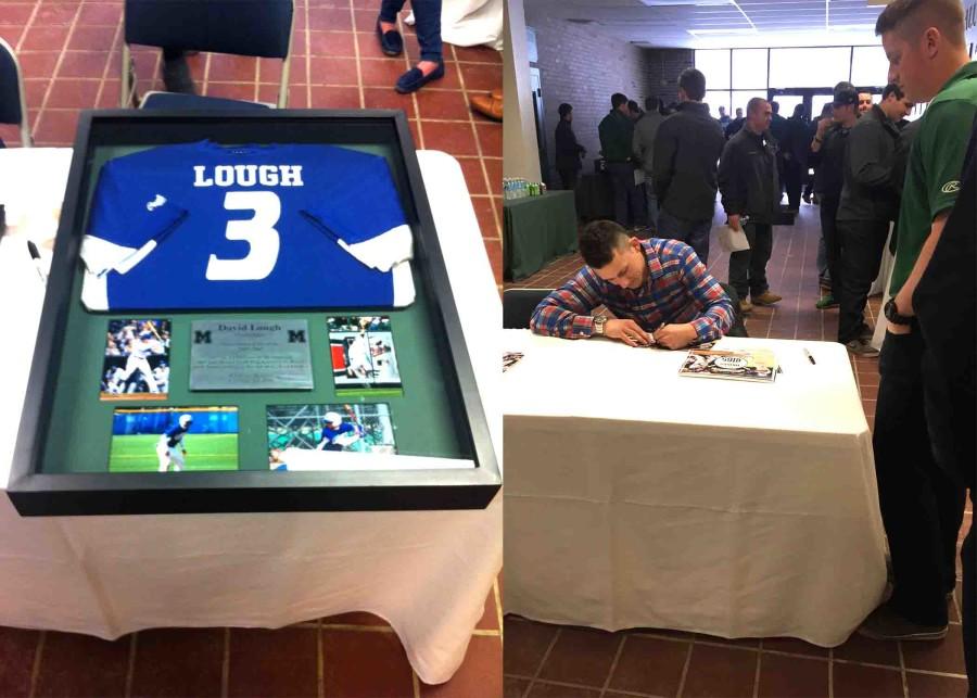 %28Left%29+Lough%E2%80%99s+retired+jersey+on+display+with+a+plaque+and+pictures+from+his+Mercyhurst+baseball+career.+%28Right%29+Lough+signs+an+autograph+for+Matt+Swartz+during+a+meet-and-greet.+