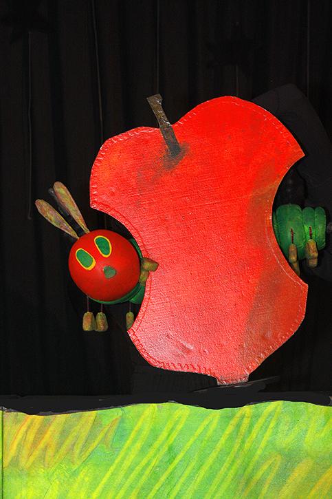 The very hungry caterpillar puppet in action as he eats a variety of foods before he becomes a beautiful butterfly. 