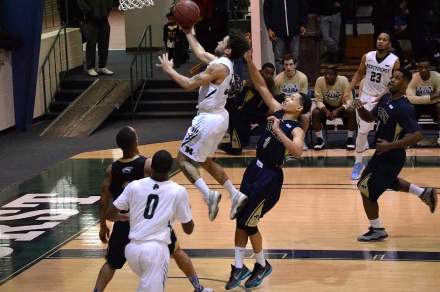 Junior H’ian Hale shoots a layup in Mercyhurst’s 84-68 win over Clarion in the quarterfinals game on Tuesday, March 1. With the win the Lakers advance to the PSAC semifinals. 