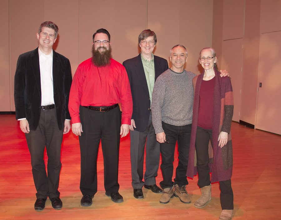 From left to right: Nathan Hess, D.M.A., Jonathan Moser, Scott Meier, Ph.D., Mark Santillano and Solveig Santillano. They all played a vital role in Moser’s violin recital. 