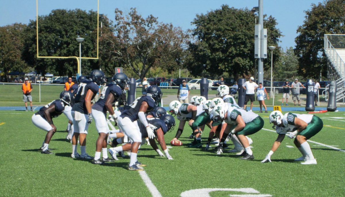 The Lakers offense gets ready to snap the ball during late second quarter. The Sept. 23 game against fellow PSAC West opponent Clarion University resulted in a 21-18 victory for the Lakers.