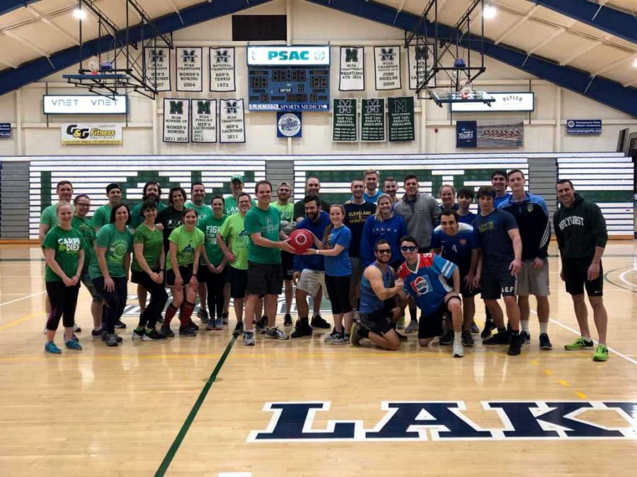 Faculty+and+staff+get+ready+to+face+off+against+the+senior+team+in+a+kickball+game+to+raise+money+for+the+Class+of+2018+Senior+Gift%2C+the+Sister+Lisa+Mary+McCartney+scholarship.+