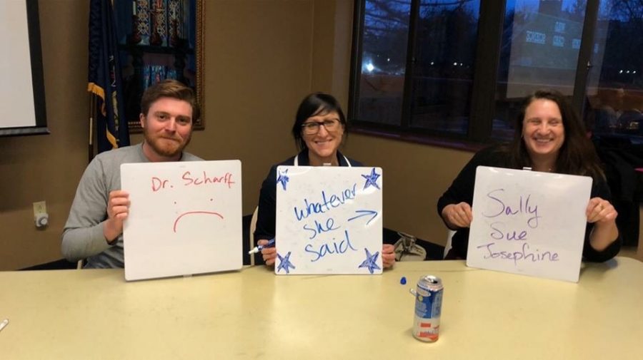 Students faced off against professors Benjamin Scharff, Ph.D., of the History department, LisaMarie Malischke, Ph.D., of the Anthropology/ Archaeology department, and Victoria Rickard, Ph.D., of the Political Science department to see who is smarter. The professors won.