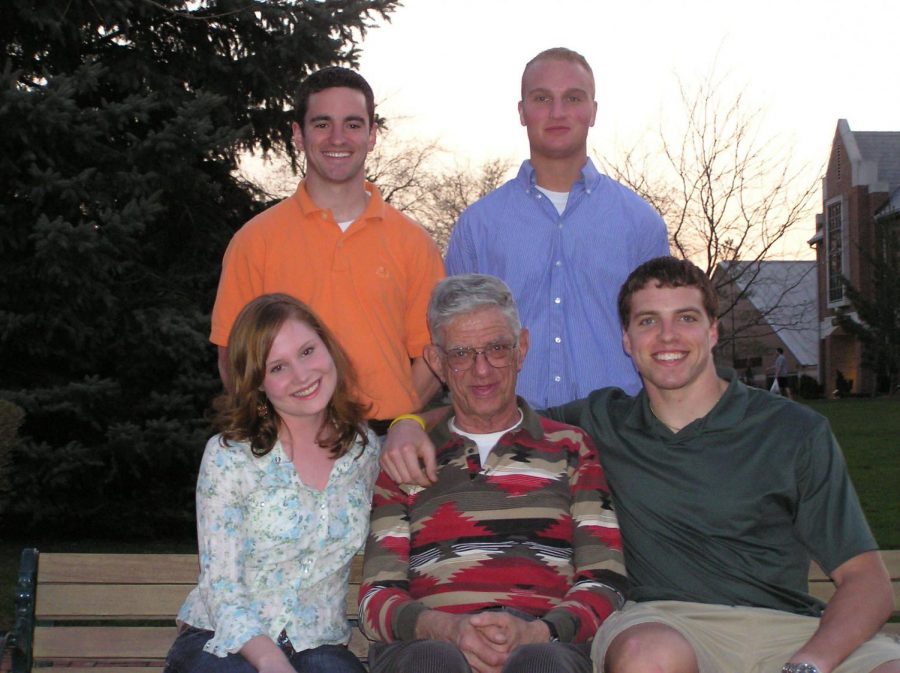 Joe Hepfinger, seated at center, with members the 2005-06 MSG Executive Board.  Seated with him are Jennifer Ciccone, ’07, and Dan Schuler, ’07. Standing are Ryan Palm, ’07, left, and Michael Nichols, ’07.