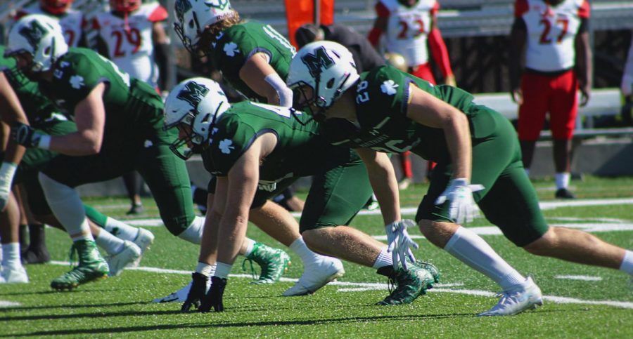 Mercyhurst wide receiver Camden Laconi, No. 28, waits at the line of scrimmage during Saturday’s game.  Seton Hill overcame a Mercyhurst lead in the fourth quarter en route to a 30-20 win.