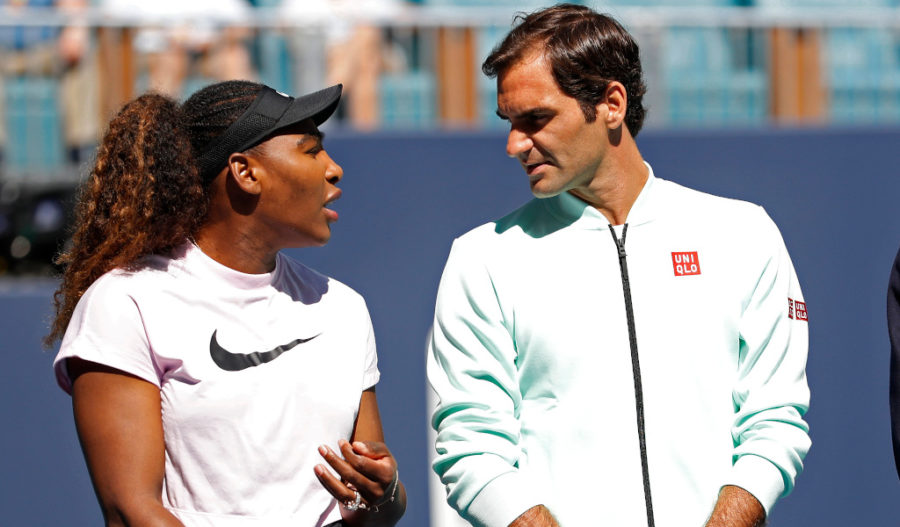 Serena+Williams+of+the+United+States+%28L%29+speaks+with+Roger+Federer+of+Switzerland+%28R%29+during+a+ribbon+cutting+ceremony+on+new+stadium+court+at+Hard+Rock+Stadium+prior+to+play+in+the+first+round+of+the+Miami+Open+at+Miami+Open+Tennis+Complex.+Mandatory+Credit%3A+Geoff+Burke-USA+TODAY+Sports%2FSipa+USA