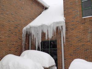 Jonah Jackson photo: Large icicles hang off the side of the Sister Carolyn Herrmann Student Union. The Student Union was evacuated on Saturday, Feb. 21, due to a water line break.