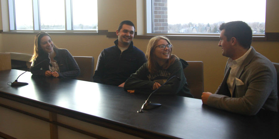 The National Security club seeks to recruit students who are genuinely interested in the field in order to have open discussions on today’s current events.  Left to right are: Alison Ockas, Colin Popson, Madeline Riley, Sean Crowley.