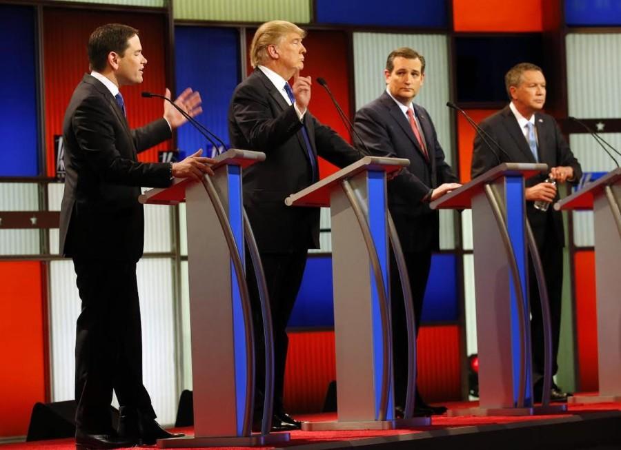 Republican presidential candidates (from L to R) Marco Rubio, Donald Trump, Ted Cruz and John Kasich debate on March 3, 2016 in Detroit, MI. 