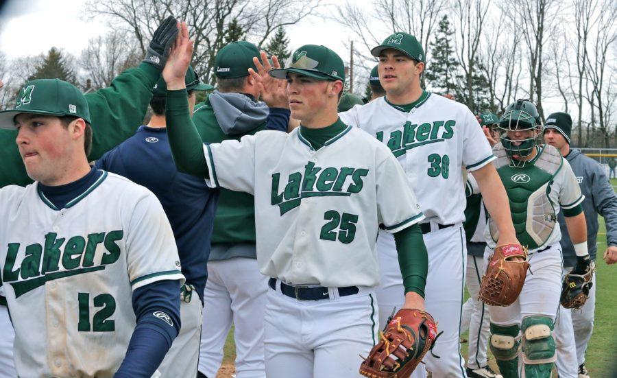 The Lakers beat Pitt-Johnstown 8-2 on Saturday, April 16. This was an important victory for Mercyhurst’s momentum. They were 27-9 at that time. Players from left to right: Austin Alonge, Hank Morrison and Colin Mckee.