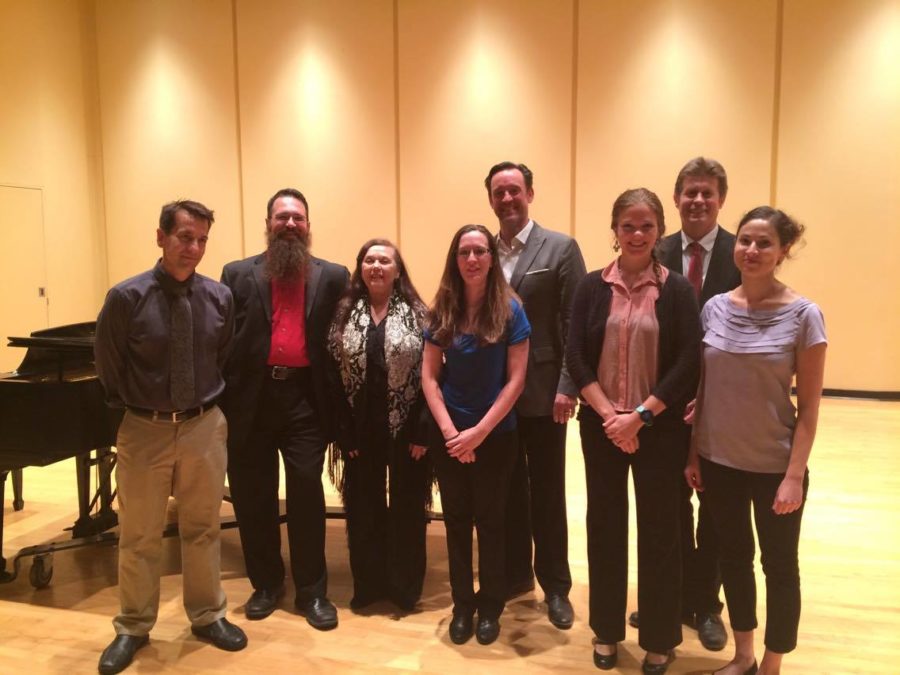 From left to right: Jonathan Nolan, Jonathan Moser, Louisa Jonason, Rebecca Wunch, James Bobick, Sarah Elizabeth Lee, Nathan Hess, D.M.A., and Hilary Philipp gave the first performance of the season for the Faculty Recital series