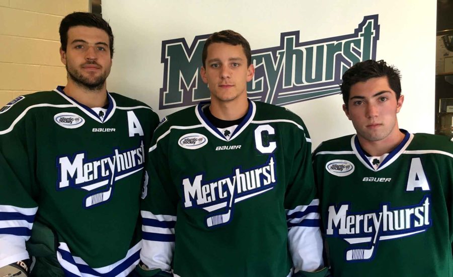 From left to right, Mercyhurst men’s ice hockey Alternate Captain Kyle Dutra, Captain Jack Riley and Alternate Captain Derek Barach are ready for Saturday’s exhibition game.