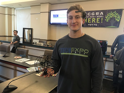 Peter Chuzie is a freshman Intelligence Studies major operated the mind control drone at the Tech Expo.