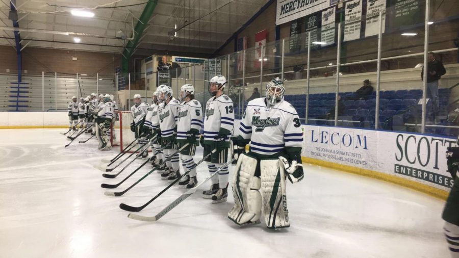 The Lakers line up before their game Feb. 17 in the Mercyhurst Ice Center.  The Lakers beat Robert Morris University twice, including a 3-2 overtime win.