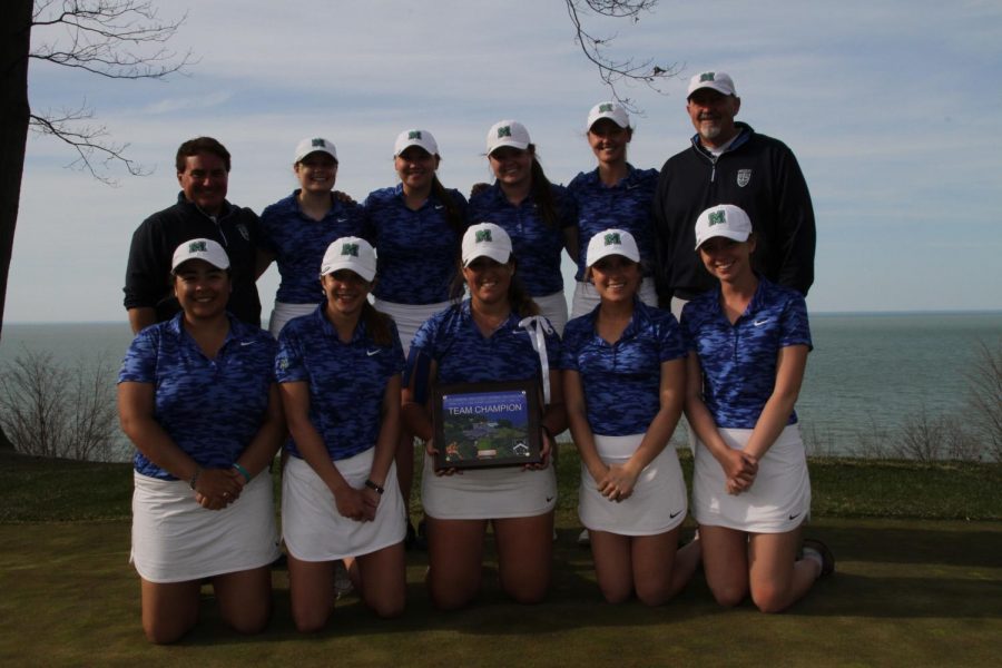he Mercyhurst women’s golf team poses after their tournament victory. The golfers took first place in Mercyhurst’s invitational in North East.