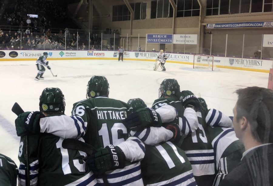 No.+13+Josh+Lammon%2C+No.+16+Matthew+Whittaker+and+No.+15+Tommaso+Bucci+look+on+during+the+shootout+at+the+end+of+the+Mercyhurst-Notre+Dame+game.++The+game+officially+ended+in+a+6-6+tie.